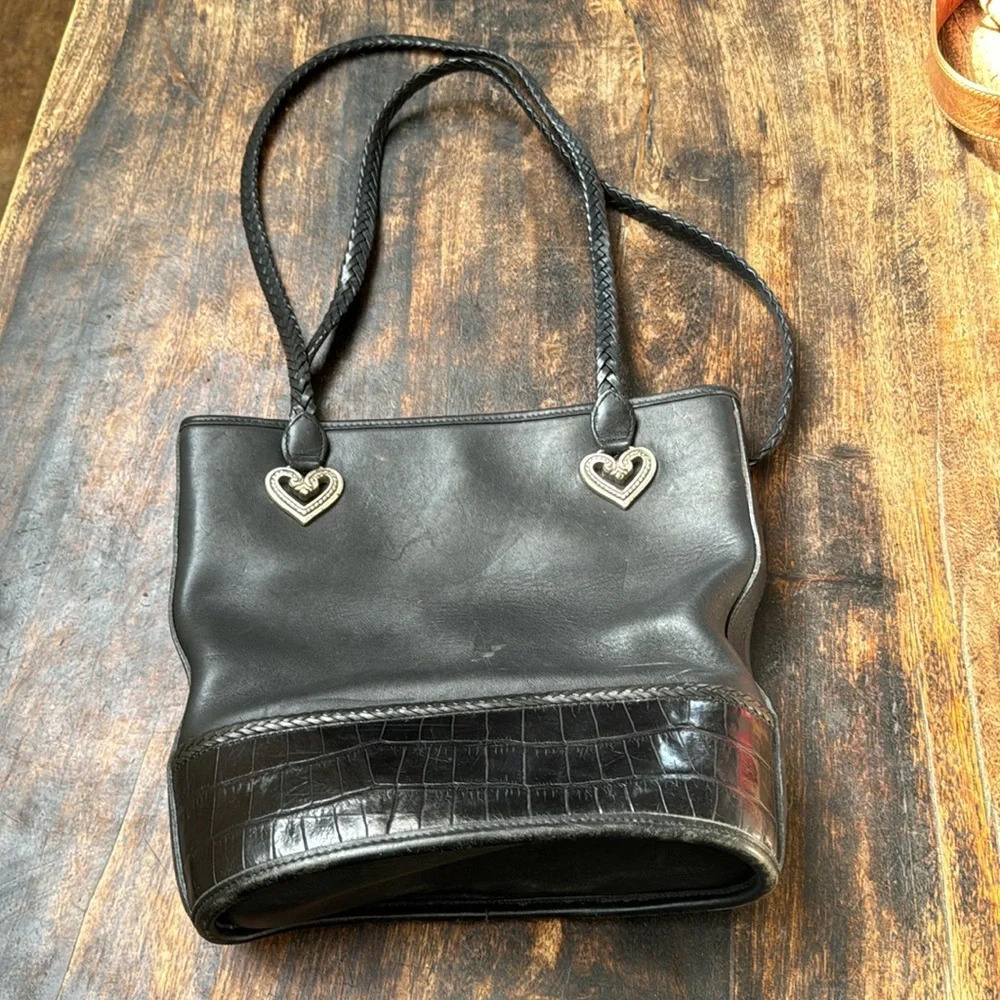 Brighton Black Leather Tote Bag Croc Embossed Trim Braided Straps Heart Hardware - Picture 5 of 16